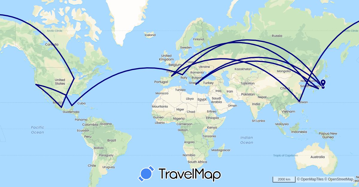 TravelMap itinerary: driving in China, Germany, France, Greece, Italy, Japan, South Korea, Mexico, United States (Asia, Europe, North America)