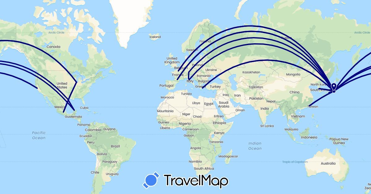TravelMap itinerary: driving in China, Germany, France, Greece, Italy, Japan, South Korea, Mexico, United States (Asia, Europe, North America)